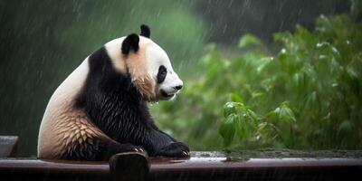 Panda sits in a rain photo