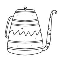 Cute teapot with long spout in hand drawn doodle style. Vector illustration isolated on white. Coloring page.