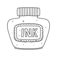Ink bottle in hand drawn doodle style. Vector illustration isolated on white. Coloring page.