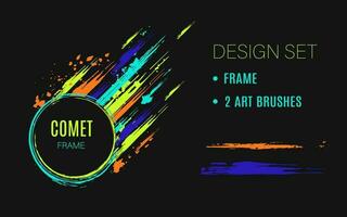 Set of design elements, circular frame like comet, grunge art brushes Dark circle on background with paint brush strokes, dynamic glowing lines, spattered paint of neon bright colors Abstract clip art vector