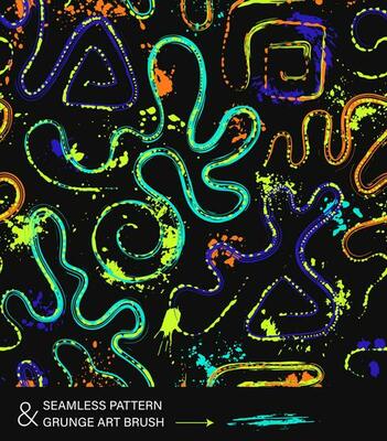 Pattern with abstract wavy shapes, swirls, twirls, paint brush strokes, blots, spattered paint of neon bright colors. Grunge style for sports goods, prints, clothing, t shirt design, vinyl wrap.