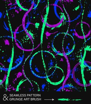 Pattern with circles, paint brush strokes, wavy lines, spattered paint of neon bright colors. Virtual abstract background. Grunge style for sports goods, prints, clothing, t shirt design, vinyl wrap.