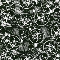 Seamless black and white camouflage pattern with Biological hazard symbol, paint brush strokes, skull and crossbones, hexagon net. For apparel, fabric, textile, sport goods. Grunge texture vector