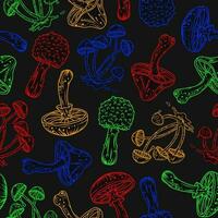 Pattern with mushrooms in bright fluorescent colors. Outline inverse illustration vector