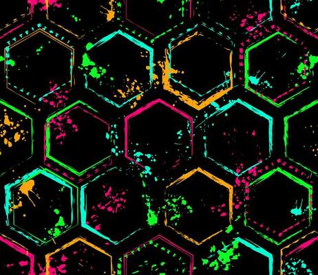 Geometric pattern with hexagons, paint brush strokes, spattered paint of neon bright colors. Virtual abstract background. Grunge style for sports goods, prints, clothing, t shirt design