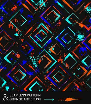 Pattern with squares, paint brush strokes, spattered paint of neon bright colors. Virtual abstract background Grunge style for sports goods, prints, clothing, t shirt design, vinyl wrap