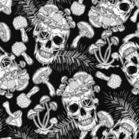 Pattern with human skull without top like cup full of growing through mushrooms. vector