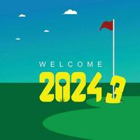 contento nuevo año 2024 saludo tarjeta vector diseño con golf curso tema