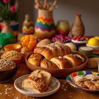 Food party on decorated table for festa junina celebration. Brazilian food for celebrating June feast. food background illustration photo