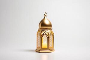 Realistic modern Islamic holiday banner for eid al adha. eid al fitr white background. Golden lantern decoration with space for text. illustration. photo