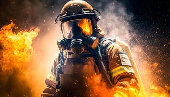 Fireman using water and extinguisher to fighting with fire flame wearing suit for safety, . photo