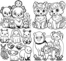 Cute Baby Animals Coloring Pages Line Art Vector