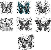 Music notes Butterfly black and white with flying musical notes vector illustration