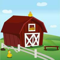 A brown farm with doors and a window in a green field with a broken fence and crazy chickens. A blue sky, a bench, and brown rocks. Vector