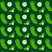 Vector pattern of a green whole cucumber and slice with highlights and shadows in watercolor style on a dark background.