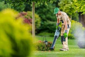 Gardener with Cordless Leaf Blower Cleaning Backyard Garden photo