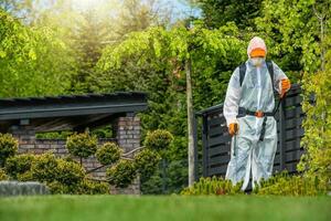 Gardener Working in Protection Suite Spraying Plants photo