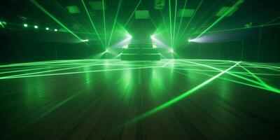 green laser on empty dance floor on night club photo