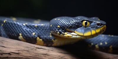 A snake with bright yelllow eyes and blue body photo