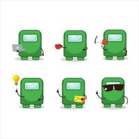 Among us green cartoon character with various types of business emoticons vector