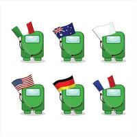 Among us green cartoon character bring the flags of various countries vector