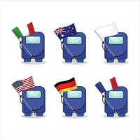 Among us blue cartoon character bring the flags of various countries vector