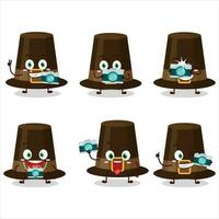 Photographer profession emoticon with brown pilgrims hat cartoon character vector