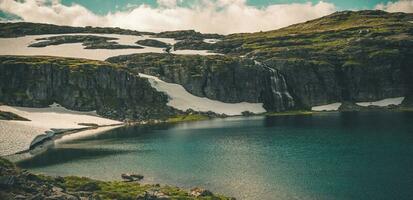 Rocky Natural Scandinavian Landscape with Lake and Waterfall photo