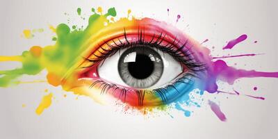Rainbow colored eye with paint splatters photo