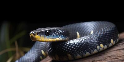 A snake with bright yelllow eyes and blue body Ai generated photo