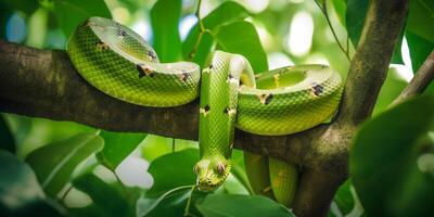 serpiente en árbol rama con verde hojas ai generado foto