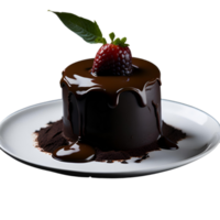 Schokolade Kuchen mit Erdbeere Belag auf Weiß Teller isoliert, Schokolade Kuchen auf transparent Hintergrund, Schokolade Kuchen, Bäckerei und Gebäck, Essen Fotografie png