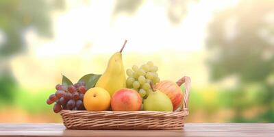 frutas cesta en un de madera mesa con difuminar selva antecedentes ai generado foto