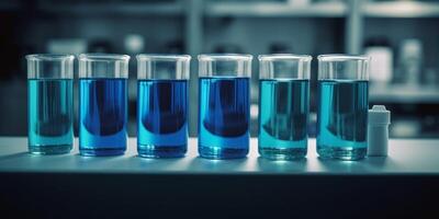 Row of beakers with blue liquid in them photo