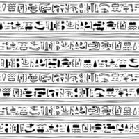 Line border abstract black white egyptian seamless modern pattern with fish, waves, face and other symbols like hieroglyphs vector