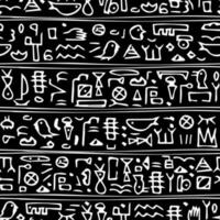 Hand-drawn hieroglyphs ancient white modern seamless pattern with line symbols of whales, birds and abstract signs similar to Egyptian on black background vector