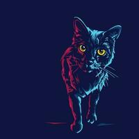Cat logo line pop art portrait colorful neon design with dark background. Abstract animal vector illustration.