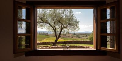 ventana con un ver de viñedo ai generado foto