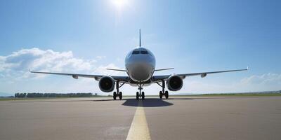 Plane on a runway with sky in the background photo