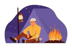 Man Camping Alone on Night Time and Sitting in Front of Camping Tent vector