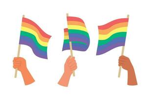 manos participación arco iris banderas para lgbt gay orgullo concepto ilustración vector