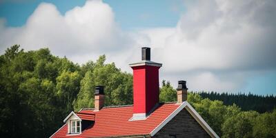 un pequeño casa con un rojo Chimenea en el parte superior ai generado foto