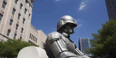 A statue of man with helmet sits in front of building photo