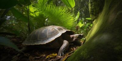 un tortuga en el selva con un Brillo Solar ai generado foto