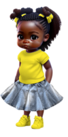 litet barn flicka i jean kjol med flätor ai genererad beställnings- färgad png