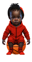 bambino piccolo nel tutina seduta su pallacanestro ai generato costume colorato png