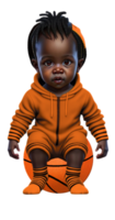 bambino piccolo nel tutina seduta su pallacanestro ai generato costume colorato png