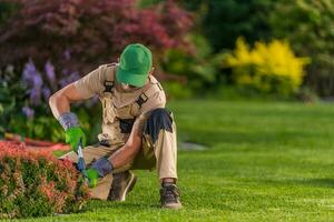 trabajador guarnición arbustos en residencial jardín. foto