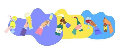 Cartoon Human Hands Holding Alcoholic Drinks Set. Vector