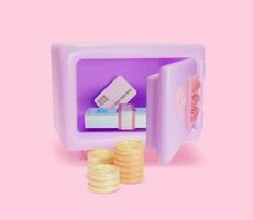 3d Open Safe with Different Money Plasticine Cartoon Style. Vector